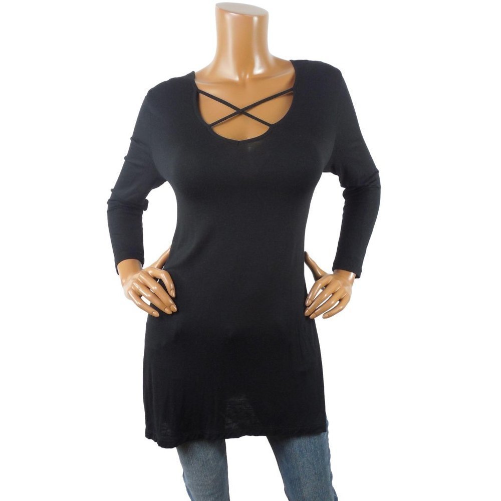 OLD NAVY Top M New Tunic Blouse Cut Out X Scoop Neck Stretch Long Sleeves